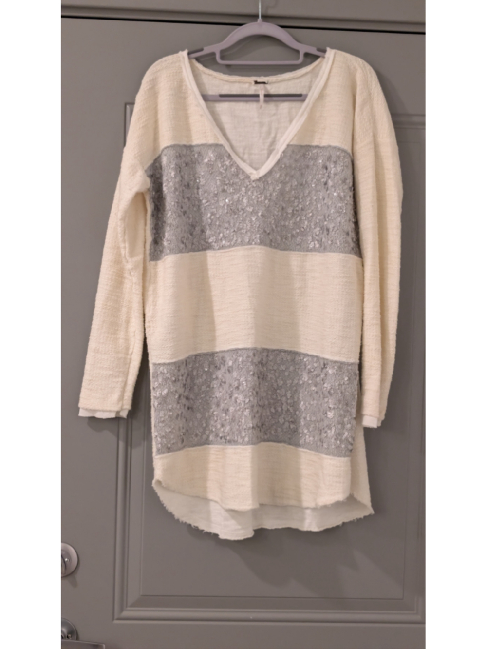 Women's Free People Tunic Top / mini dress Size M Beige Silver Sequin Striped